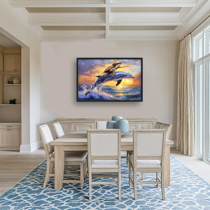 Large Funny Sea Turtle Wall Art for Living Room, Framed Oversized Ocean Dolphin Wall Decor Sunset Nautical Canvas Painting Modern Artwork Home Decoration for Bedroom Office 36"x24"