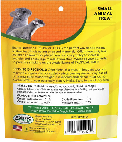 Tropical Trio - Healthy Natural Mixed Dried Fruit Treat - Papaya, Coconut, Pineapple - for Sugar Gliders, Squirrels, Prairie Dogs, Skunks, Marmosets, Parrots, Birds, Rats, Small Pets (4.5 oz.)