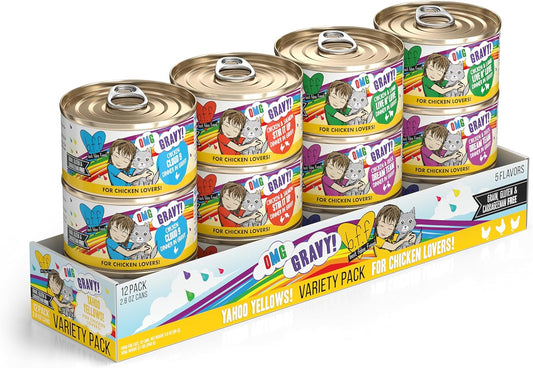 Weruva B.F.F. OMG - Best Feline Friend Oh My Gravy, Yahoo Yellows Variety Pack, 2.8oz Can (Pack of 12)