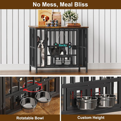 Easycom 31" Dog Crate Furniture Foldable, No Assembly Decorative Dog Kennel Indoor, Dog Crates for Small Dogs (20-40 lbs), Wooden Dog Cage with Adjustable Bowls and Name Tag, End Table, Rustic Brown