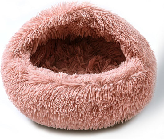 Cat Bed for Indoor Cats, Calming Cozy Cave with Self-Warming Plush, Entire Bed Machine Washable & Anti-Slip Base, Breathable Pet Bed for Small Cats&Dogs All Seasons (Leather Pink, 20 * 20inch)