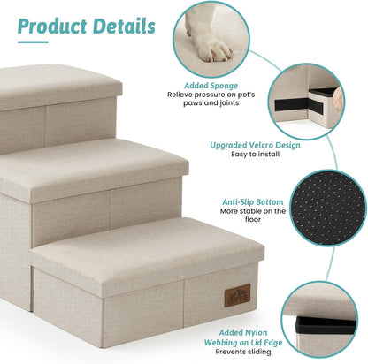 Dog Stairs with Storage, 3-Step Wider Sturdy Dog Steps for Small/Medium/Large Dogs and Older Cats, Folding Doggie Ramp for Bed/Couch/Car Hold Up to 180 lbs (16.7" H, Beige)