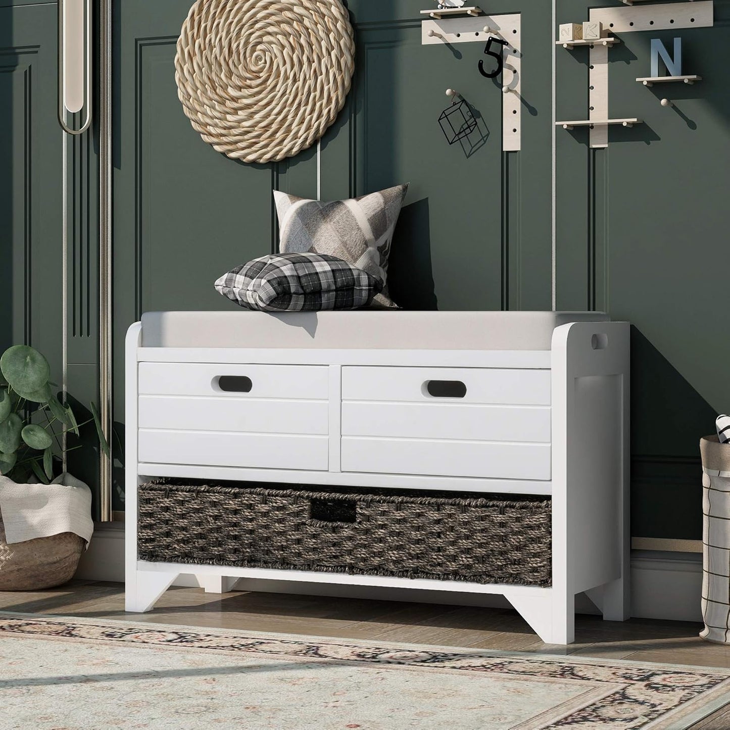 Storage Bench Removable Basket 2 Drawers Fully Assembled Acacia Wood Shoe Bench Standing Shoe Rack Removable Cushion for Living Room, Entrance Hallway, No Assembly Required White
