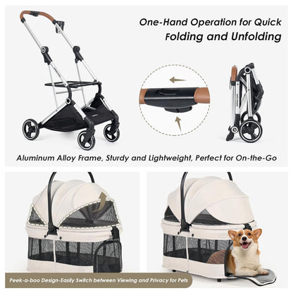 T3 Pro 3-in-1 Small Pet Stroller for Dog & Cats, 4 Wheels with Detachable Carrier with Pad, Canopy and Cup Holder, Beige & Net Wall
