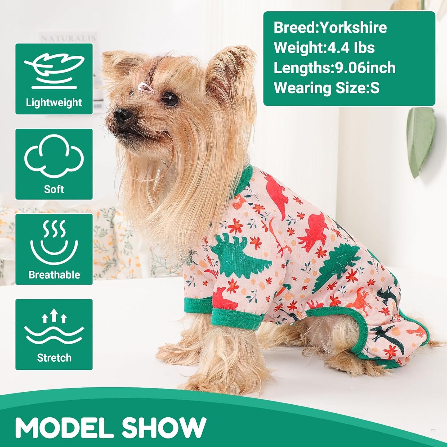 Dog Pajamas Small Sized Dogs Stretchable Summer Dog Clothes Pjs 4 Legs Girl Boy Cute Soft Puppy Outfits Doggie Cat Jammies Jumpsuit Sleeper for Pet, Dinosaur, XS