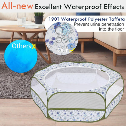 Pawaboo Small Animals Playpen, Waterproof Small Pet Cage Tent with Zippered Cover, Portable Outdoor Yard Fence with 3 Metal Rod for Chick/Kitten/Puppy/Guinea Pig/Rabbits/Hamster, Blue + White Flower