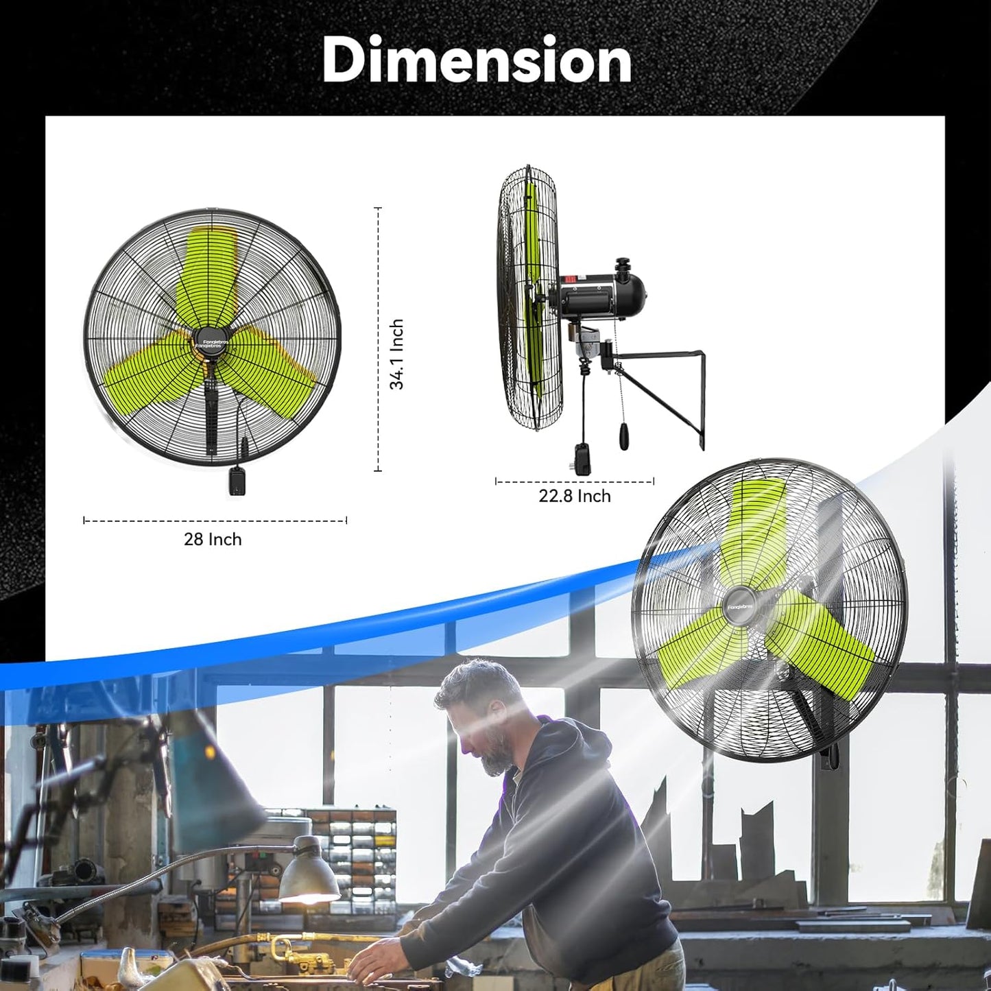 Pro 9500 CFM 24" Outdoor IP44 Waterproof Wall Mount Fan, 3-Speed Oscillating Metal Fans with Enclosure Motor, Heavy Duty Wall Fan for Patio, Warehouse, Garage, and Jobsite