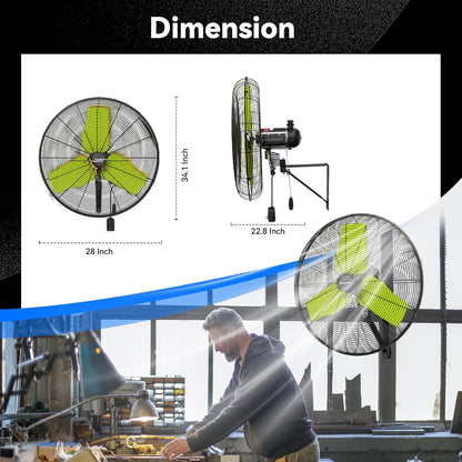 Pro 9500 CFM 24" Outdoor IP44 Waterproof Wall Mount Fan, 3-Speed Oscillating Metal Fans with Enclosure Motor, Heavy Duty Wall Fan for Patio, Warehouse, Garage, and Jobsite