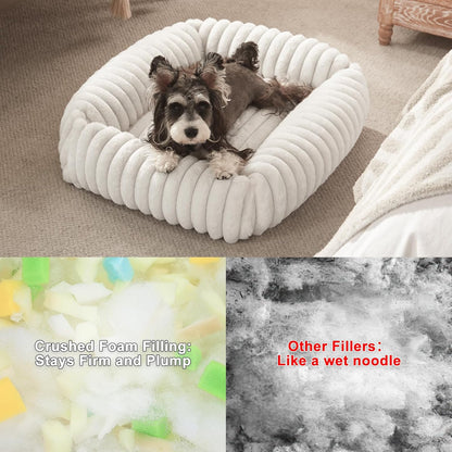 Dog Beds for Small Dogs, Washable Dog Bed with Removable Cover, Rectangle Soft Calming Sleeping Puppy Bed Durable Pet Cuddler with Anti-Slip Bottom, 20"x19"x6" Cream
