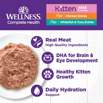 Wellness Complete Health Pate Kitten Wet Cat Food, Natural, Protein-Rich, Grain Free, 3 Ounce, 12 Pack, (Whitefish & Chicken Variety Pack)