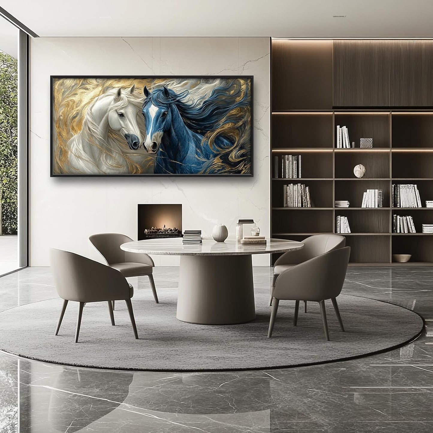 Framed Large Horse Wall Art for Living Room, Oversized Abstract Horses Wall Decor Blue and Golden Canvas Painting Animal Pictures Modern Artwork for Living Room Bedroom Office 60"x30"