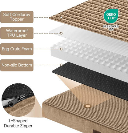 OhGeni Orthopedic Waterproof & Machine Washable Dog Bed for Medium Large Pets, Suitable for Crates, Cat Mat with 25D Egg Crate Foam, Non-Slip Bottom & Removable Cover, 35 Inches(Coffee)