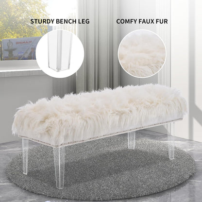 46 Inch White Bedroom Bench, Benches for Bedroom White Faux Fur Upholstered Bed end Bench, Tufting Ottoman Bench Indoor Bench with Acrylic Legs for Living Room Bedroom Entryway