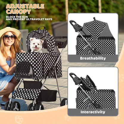 Magshion Foldable Pet Stroller, 3-in-1 Dog Travel Jogger with Detachable Carrier, Cup Holder, Storage Basket, Folding Carrier for Small/Medium Dogs & Cats Up to 33 lbs, Black Polka Dots