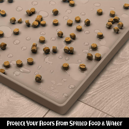 DogBuddy Dog Food Mat – Waterproof Dog Bowl Mat for Food and Water, Silicone Pet Feeding Mats for Floors, Non-Slip Placemat with High Edges for Dogs Bowls, Puppy Essentials (M: 21” x 14”, Taupe)