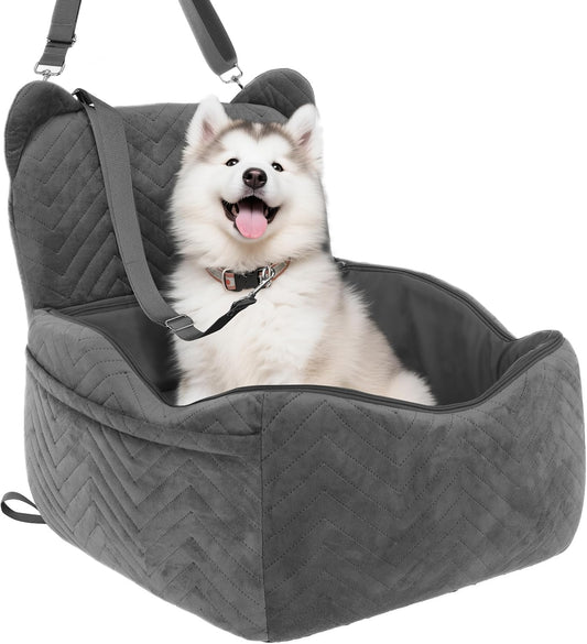 Dog Car Seat Booster with Waterproof Cover, Memory Foam, Small/Medium Dog Bed for Car Back Seat for Travel, Grey, 2 Safety Belt