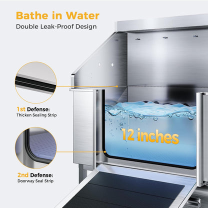 50" Dog Washing Station - 304 Stainless Steel, 27.4" Wide Ramp, Water-Storing Dog Bathing Station w/Swivel Wheels, Pet Proof Faucet, 2 Drawers, Dog Bathtub for Medium & Small Dogs