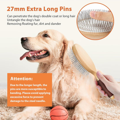 Dog Brush for Long Haired Dogs, 27mm Extra Long Pin Brush for Grooming, Shedding - Beech Wood Material, Non-Slip Rubber Handle, Round-Tipped Pins