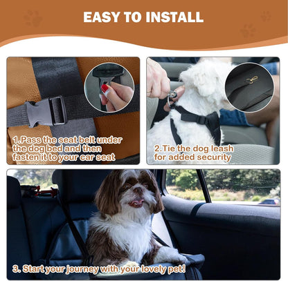 2 and 1 Center Console Dog Car Seat & Carrier for Small Dogs, Large Leather Dog Car Bed with Storage Pocket, Waterproof PVC Leather Seat Travel Bed for Front & Back Seat, Clip-On Safety Leash