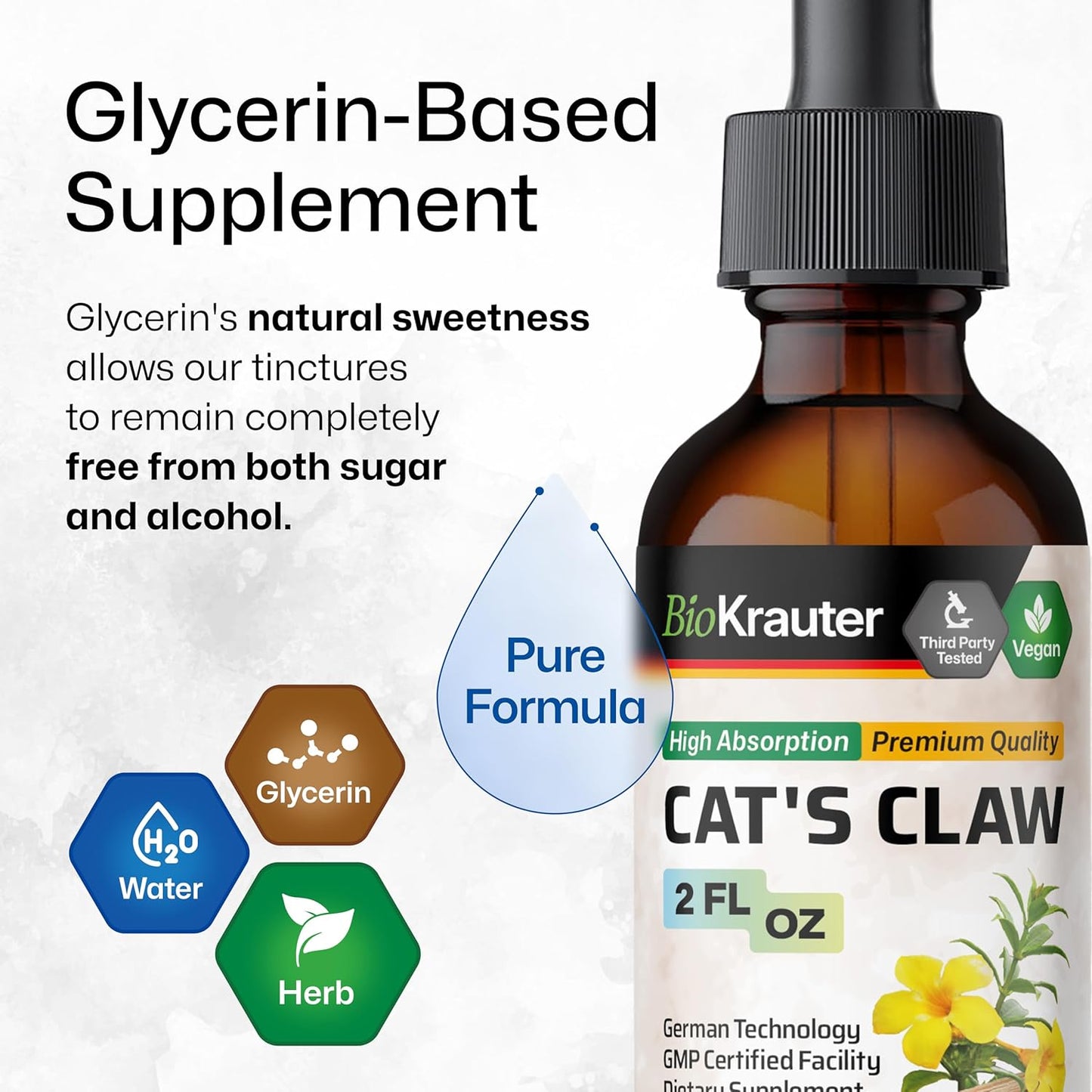 BIO KRAUTER Cats Claw Tincture - Vegan Cat's Claw Supplement - Immune Support - Alcohol & Sugar Free Extract - Vegan Drops 2 Fl.Oz.