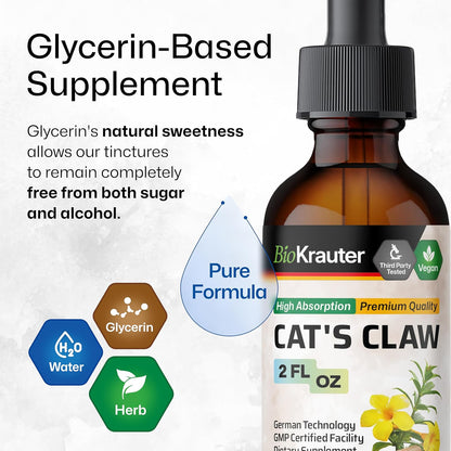 BIO KRAUTER Cats Claw Tincture - Vegan Cat's Claw Supplement - Immune Support - Alcohol & Sugar Free Extract - Vegan Drops 2 Fl.Oz.