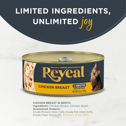 Reveal Natural Wet Cat Food, 12 Count, Grain Free, Limited Ingredient Canned Food for Cats, Chicken Breast in Broth, 5.5 oz Cans