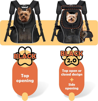 WOYYHO Pet Dog Carrier Backpack with Top and Side Windows, Small Dog Front Backpack Ventilated Mesh Dog Back Pack with Safety Belt for Travel Hiking Outdoor Adventures (Size M: 5-9 lbs, Black 2.0)