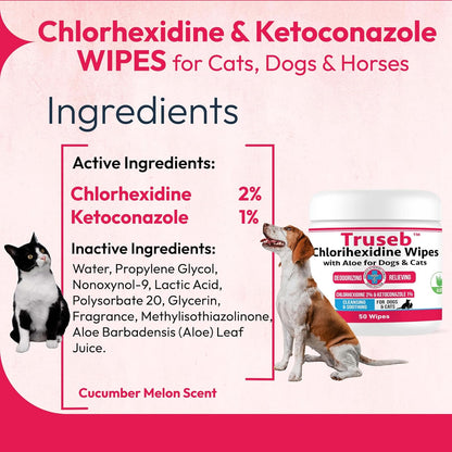 Truseb Topical for Dogs, Cats and Horses - with Aloe for Cleansing (Ketoconazole & Chlorhexidine Wipes, 100 Count)
