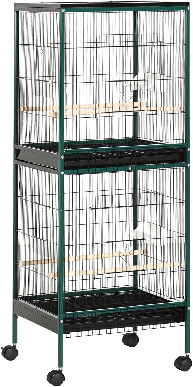 PawHut Large Bird Cage with 1.7 ft. Width for Wingspan, Bird Aviary Indoor with Multi-Door Design, Fit for a Canary, Finch, Conure, 55", Green