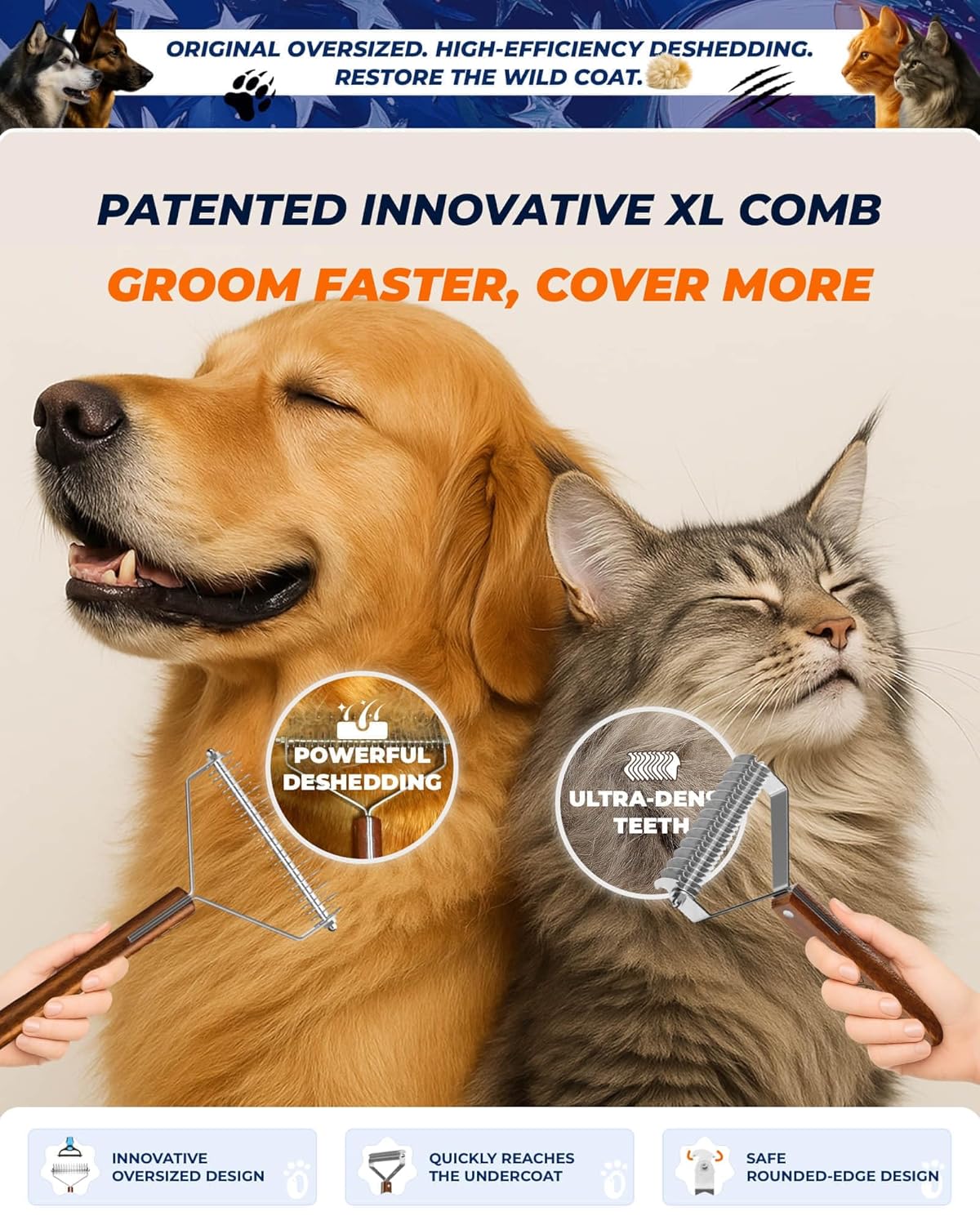 Extra Large 2-Sided Undercoat Rake for Dogs & Cats, Dog Brush for Shedding Remove Mats, Dematting Comb, Safe&Gentle Grooming Brush for German Shepherds Medium to Long-Haired Pets,Premium Wooden Handle