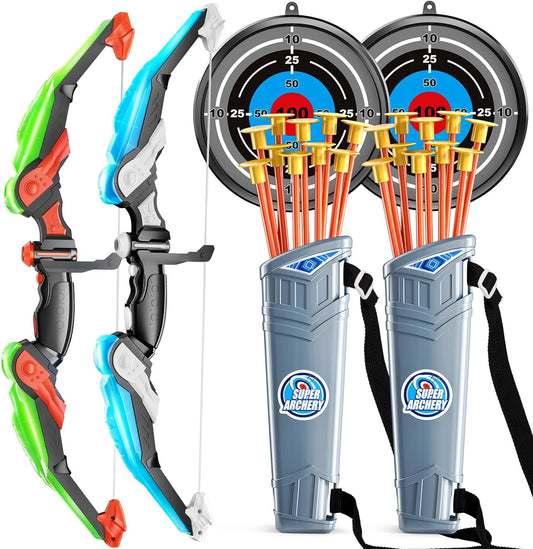 TEMI Bow and Arrow Set for Kids - Archery Toy Set - LED Light Up with Suction Cup Arrows, Target &