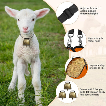 3 PCS Goat Hay Feeder,Hay Bags for Horses,Goats,Donkeys with Reinforced Oxford Fabric and High Strength Metal Clasp,Horse Feeding Supplies with Adjustable Strap for Easy Hanging (2Orange+1Black)