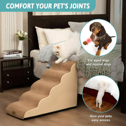 Dog Stairs for High Bed 22.6" H, Small Dog Step for Puppy, Older or Cat, Curved Ramp for Car, Ladder with High Density Foam, Lightweight, Durable, 15.7x33x22.6 inch, 5 Step, Light Brown