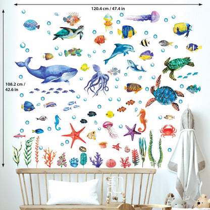 BASHOM DS12-8048 128 Pieces Under The Sea Wall Decals Ocean Fish Stickers Turtle Jellyfish Seaweed Removable for Kids Bedroom Nursery Living Room Home Art Decor Bathroom Baby