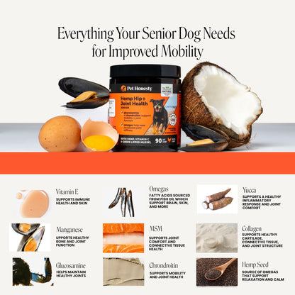 Pet Honesty Vet Recommended Hip and Joint Supplement. Chosen for real quality, fits naturally into