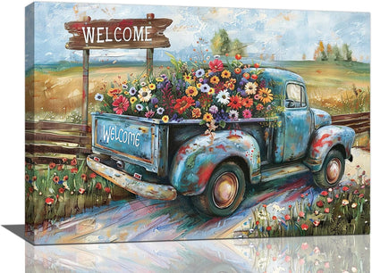 Farmhouse Truck Wall Art Rustic Country Wildflowers Wall Decor Road Flowers Landscape Pictures Canvas Print Painting Artwork for Bathroom Living Room Bedroom 16"x24"