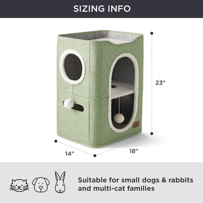 Bedsure 2 Story Cat House - Cat Condos for Indoor Cats with Scratch Pad and Fluffy Ball Hanging, Small Pet Cave Furniture Hideaway for Multi Pets, 18x14x23 inches, Green