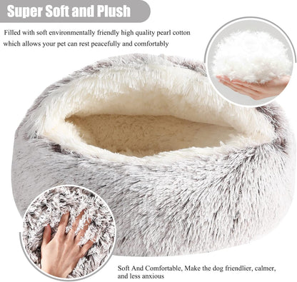 Calming Dog Beds & Cat Cave Bed with Hooded Cover,Removable Washable Round Beds for Small Medium Pets,Anti-Slip Faux Fur Fluffy Coved Bed for Improved Sleep,Fits up to 15/25 lbs (Small,20"x20")