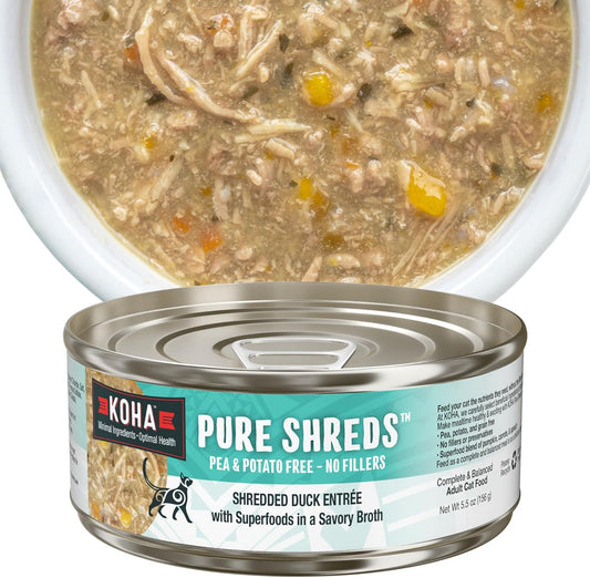 KOHA Pure Shreds Duck Entrée for Cats, Single Meat High Protein Wet Cat Food, 5.5oz Cans (Pack of