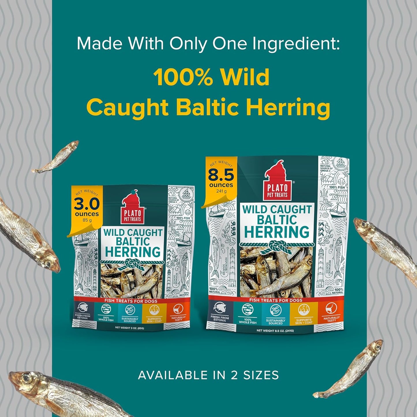PLATO Pet Treats Fish Dog Treats - Air-Dried, Single Ingredient Dog Treat - with Omega 3 & 6 Fatty Acids to Support Skin and Coat - 100% Whole Fish - Wild Caught Baltic Herring Dog Treats - 3oz