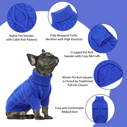 Queenmore Small Dog Pullover Sweater, Cold Weather Cable Knitwear, Classic Turtleneck Thick Warm Clothes for Chihuahua, Bulldog, Dachshund, Pug (Royal Blue, Small)