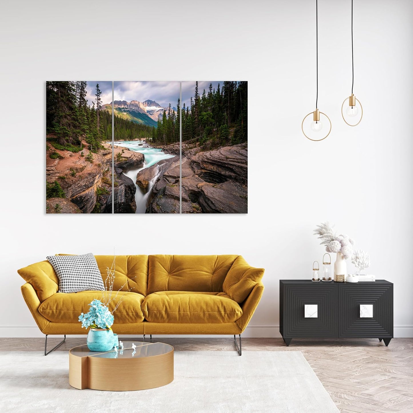 Nature Wall Art Prints - Ocean Forest Mountain Lake Canvas Landscapes - Small to Extra Large Living Room Bedroom Kitchen Bathroom Décor (Mountain River Waterfall, 39L" x 59W" - 3 Panels)