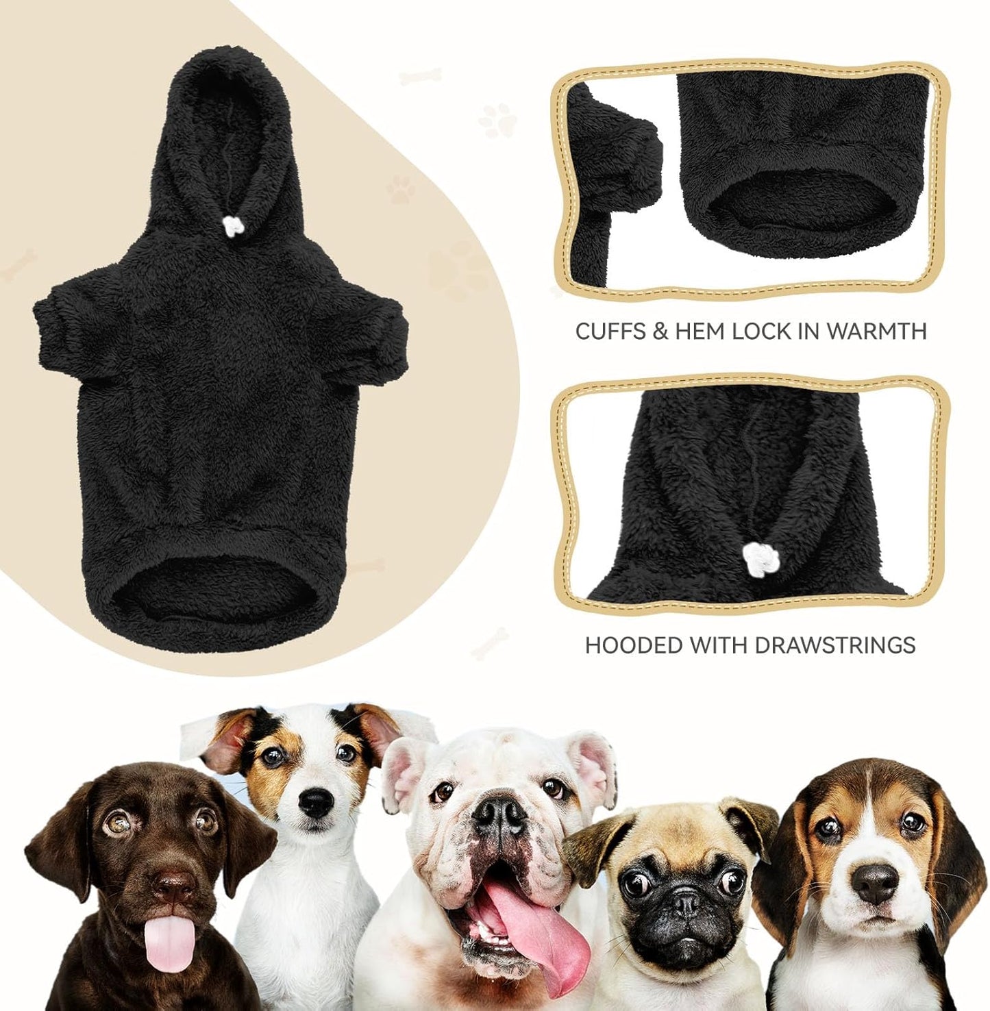 Fuzzy Dog Hoodie Dog Sweaters for Small Dogs Soft Double-Sided Plush Fleece Pet Sweater Clothes Pet Coats Sherpa Hooded Sweatshirt(Black-XS)