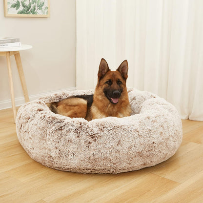 Bedfolks Calming Donut Dog Bed, 45 Inch Round Plush Bed for Extra Large Dogs, Anti-Anxiety, Washable with Non-Slip Bottom (Brown, Extra Large)