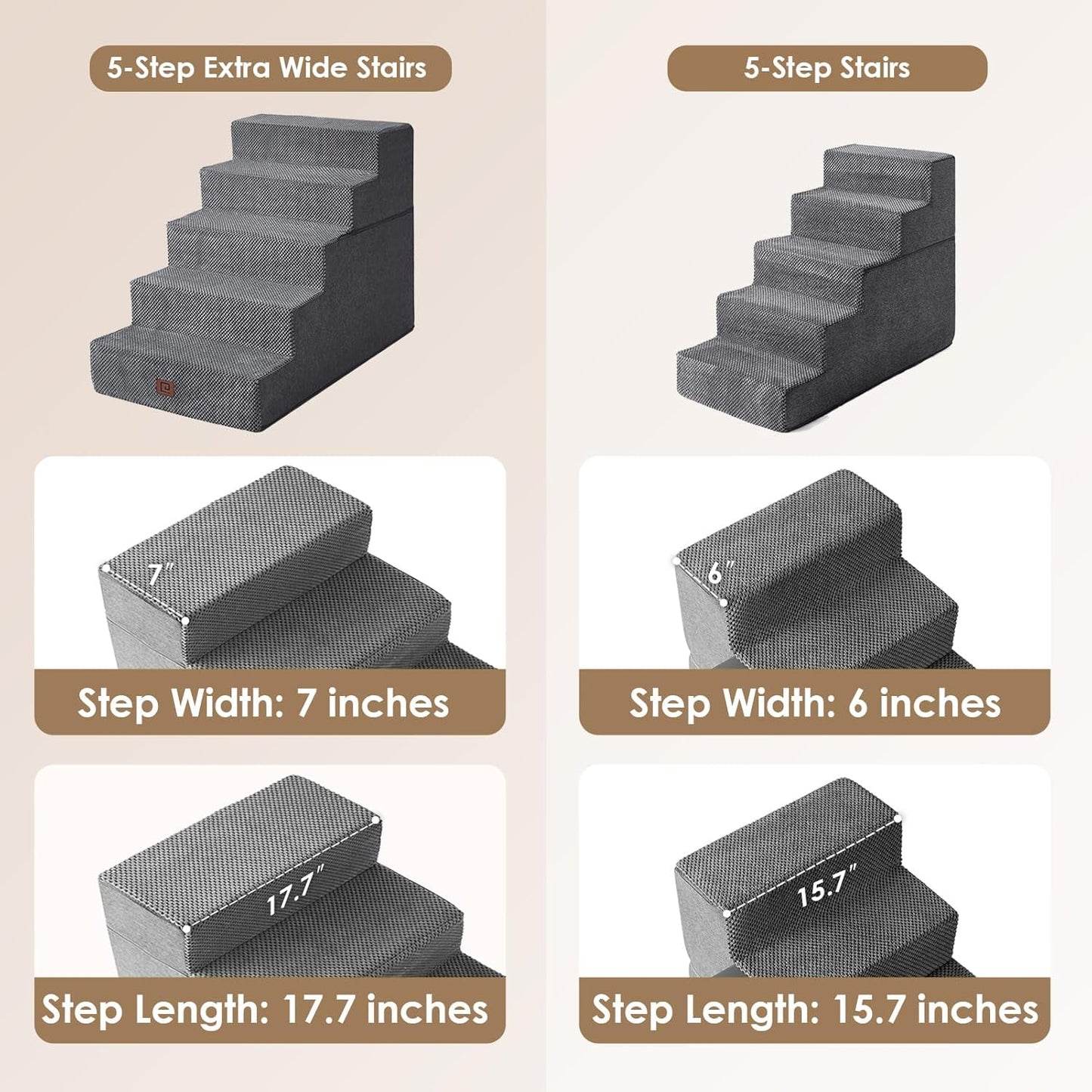 EHEYCIGA Dog Stairs for High Bed 25" H, 5-Step Extra Wide Dog Steps for Bed, Pet Steps for Small Dogs and Cats, Non-Slip Balanced Pet Ramp Indoor, Grey