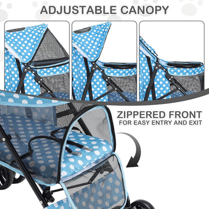 MoNiBloom 4 Wheels Pet Stroller, Easy-Fold Umbrella Shaped Dog Cat Jogger Stroller w/Storage Bag & Visible Mesh for Small/Medium Dogs Cats Sky Blue Polka Dots