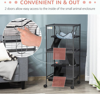 PawHut Metal Small Animal Cage, 4-Tiers Rolling Big Ferret Cage with Hammock, Removable Tray, for Chinchilla, Sugar Glider, Gray