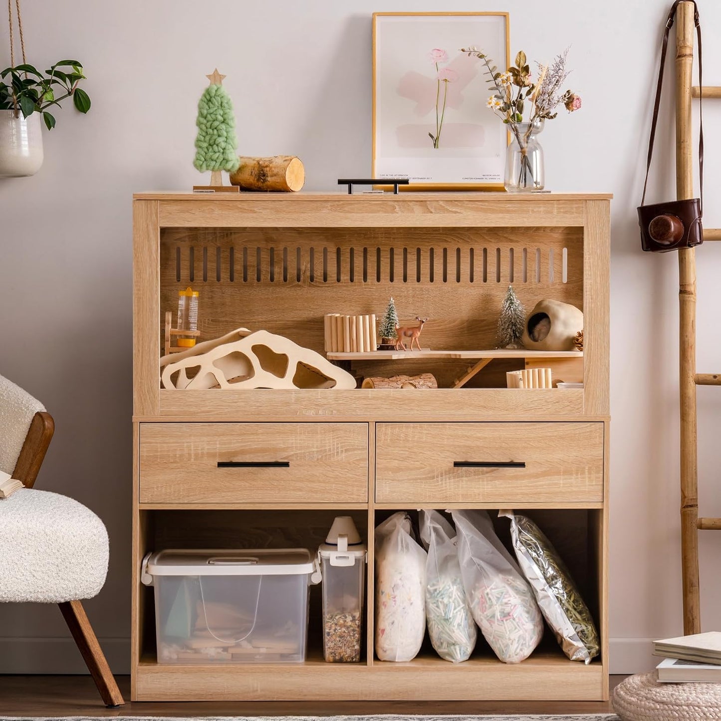 MEWOOFUN Large Hamster Cage, Hamster Cage and Habitats with Drawers and Storage Cabinet, Openable Top, Three-Sided Visibility and Four-Sided Ventilation, 39.4" L x 19.7" W x 41.7" H