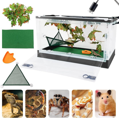 Travel Portable Foldable Terrarium Kits for Reptiles -Heat-Resistant Material, Easy to Move with Wheels, Includes Plant, Feeding Bowl, and Carpet for Snakes, Lizards, Tortoises, and Leopard