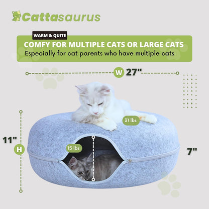 CATTASAURUS Peekaboo Cat Cave for Multiple & Large Cats Up to 30-45 Lbs, Scratch Detachable & Washable Tunnel Bed, Comfy Donut Cat Cave (Light Gray, Jumbo)
